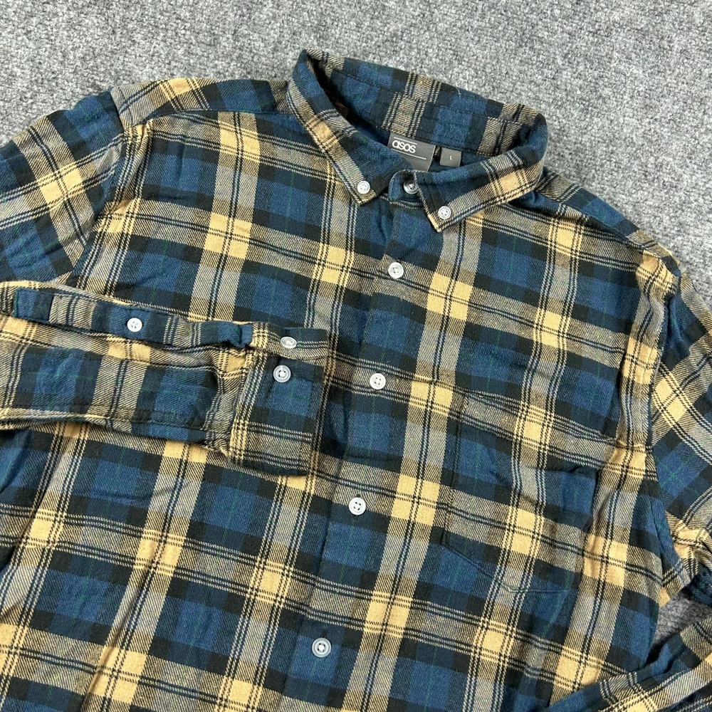 ASOS‎ Plaid Flannel Shirt Mens Large Blue Tan Button Down Long Sleeve Casual